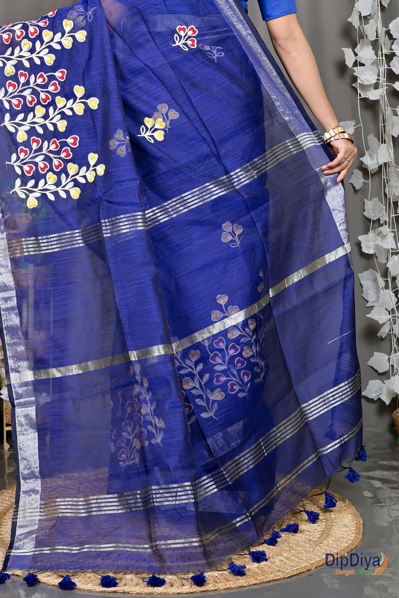 Blue Cotton Blended Paroni Embroidery Handloom saree (499)